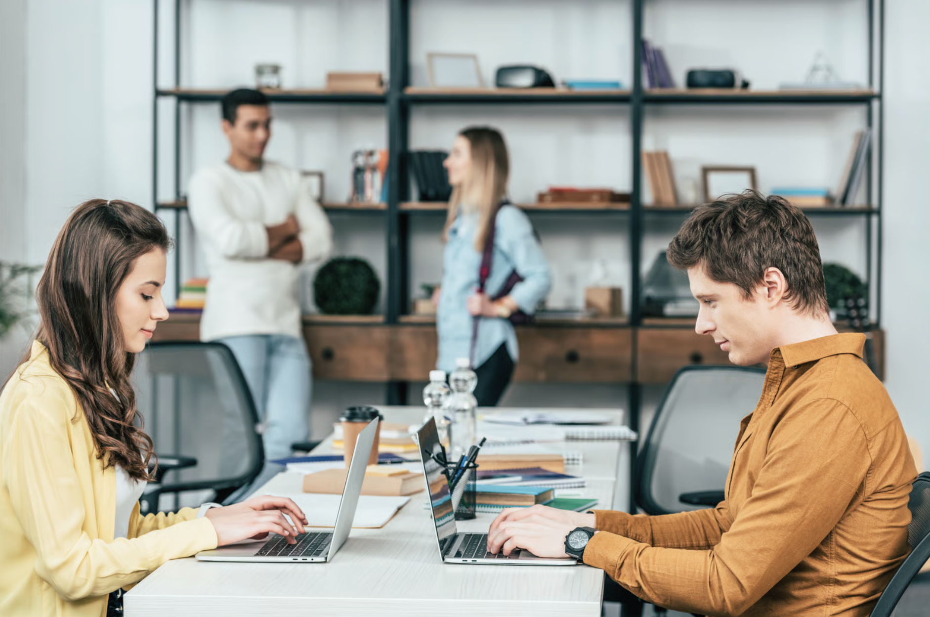 Two advisers working together on laptops in a bright studio office